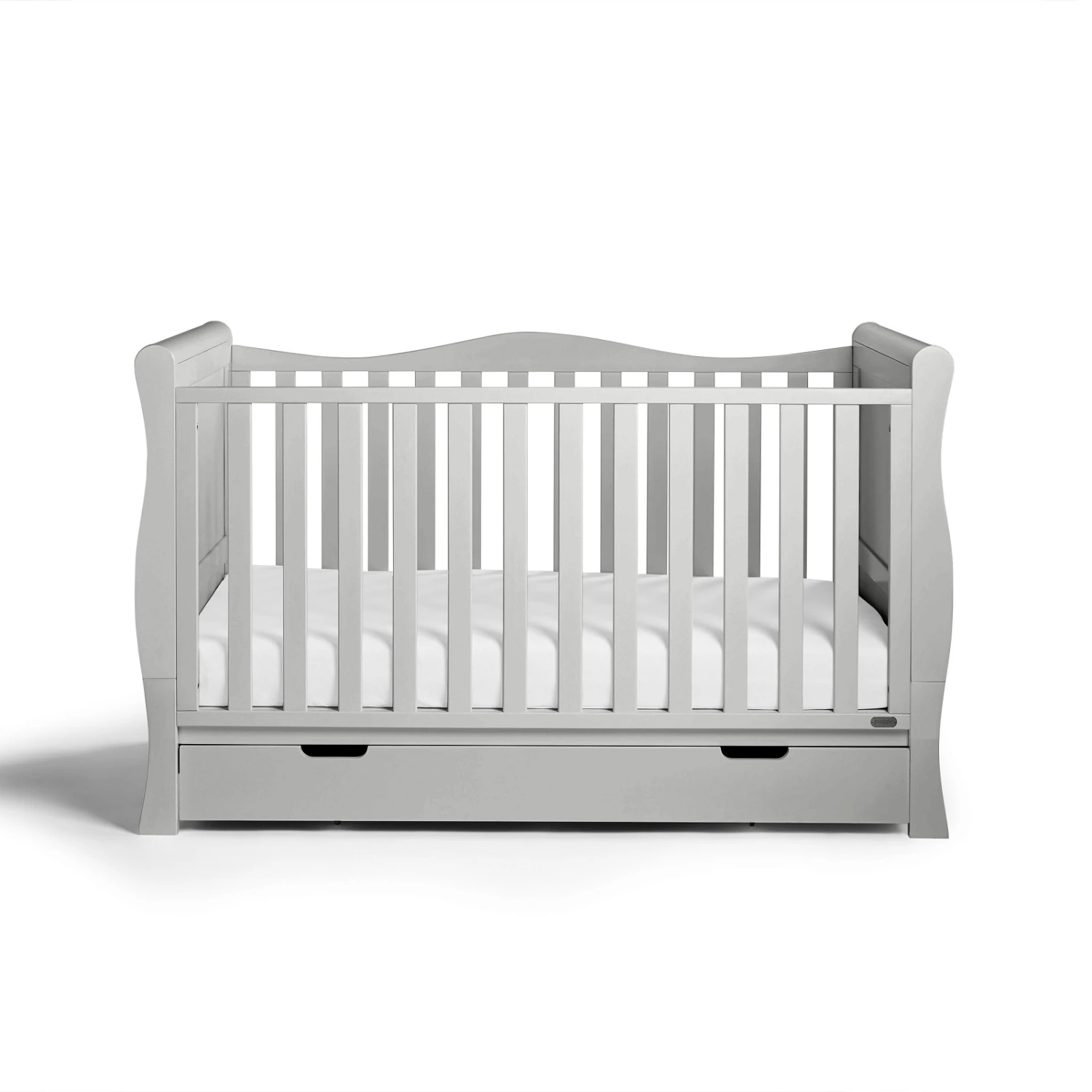 Puggle Prestbury Classic Deluxe Sleigh Cot Bed & Drawer With Mini Uno Essential Spring Cot Bed Mattress - White 140 X 70cm - Grey 4 Puggle Prestbury Classic Deluxe Sleigh Cot Bed & Drawer With Mini Uno Essential Spring Cot Bed Mattress - White 140 X 70cm - Grey - Image 2