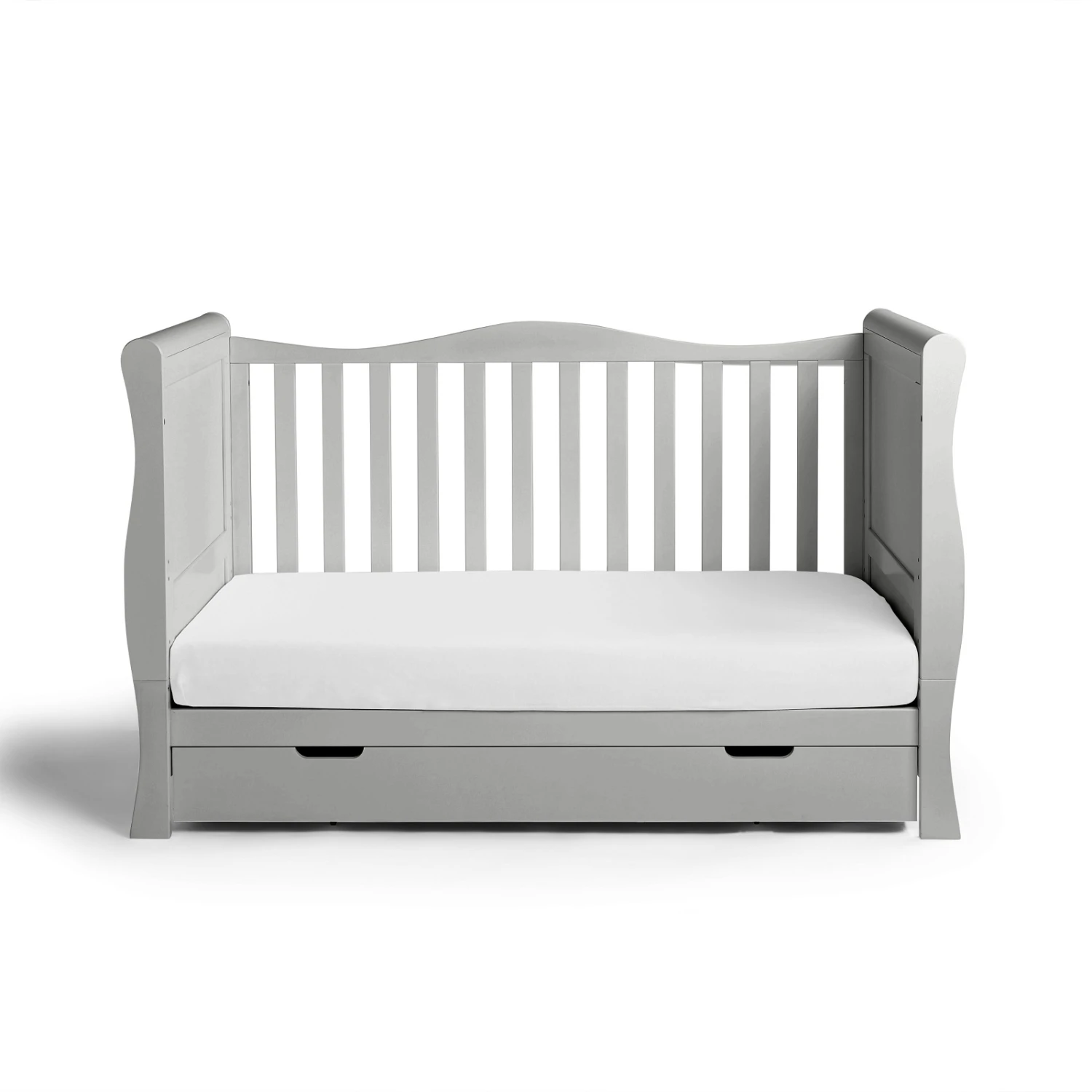 Puggle Prestbury Classic Deluxe Sleigh Cot Bed & Drawer With Mini Uno Essential Spring Cot Bed Mattress - White 140 X 70cm - Grey 5 Puggle Prestbury Classic Deluxe Sleigh Cot Bed & Drawer With Mini Uno Essential Spring Cot Bed Mattress - White 140 X 70cm - Grey - Image 3