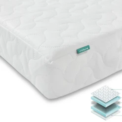 Puggle Alderley Sleigh Cot Bed 5 Piece Nursery Furniture Set With Mini Uno Essential Spring Cot Bed Mattress - White 140 X 70cm - Grey & Oak -Best Baby Sale Store 4baby5inchMaxiMattress Abacus 12