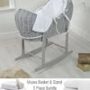4baby Deluxe 5 Piece Grey Wicker Sleep Pod Moses Basket - White Dimple -Best Baby Sale Store 4babyGreyWickerSnoozePodRockingStand WhiteDimple bundle 5piece