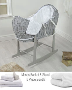4baby Deluxe 5 Piece Grey Wicker Sleep Pod Moses Basket - White Dimple