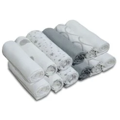 4baby Cotton Muslin Squares (12 Pack) Mixed Designs - Silver