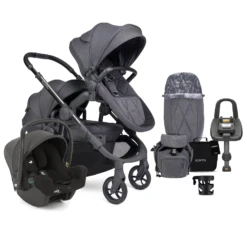 ICandy Orange 3 Double With I-Snug 2 Car Seat & ISOFIX Base Complete 21 Piece Travel System Bundle - Dark Slate Marl Phantom