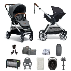 Mamas & Papas Flip XT2 11pc Essentials (i-Snug 2 Car Seat) Everything You Need Travel System Bundle With ISOFIX Base - Fossil Grey