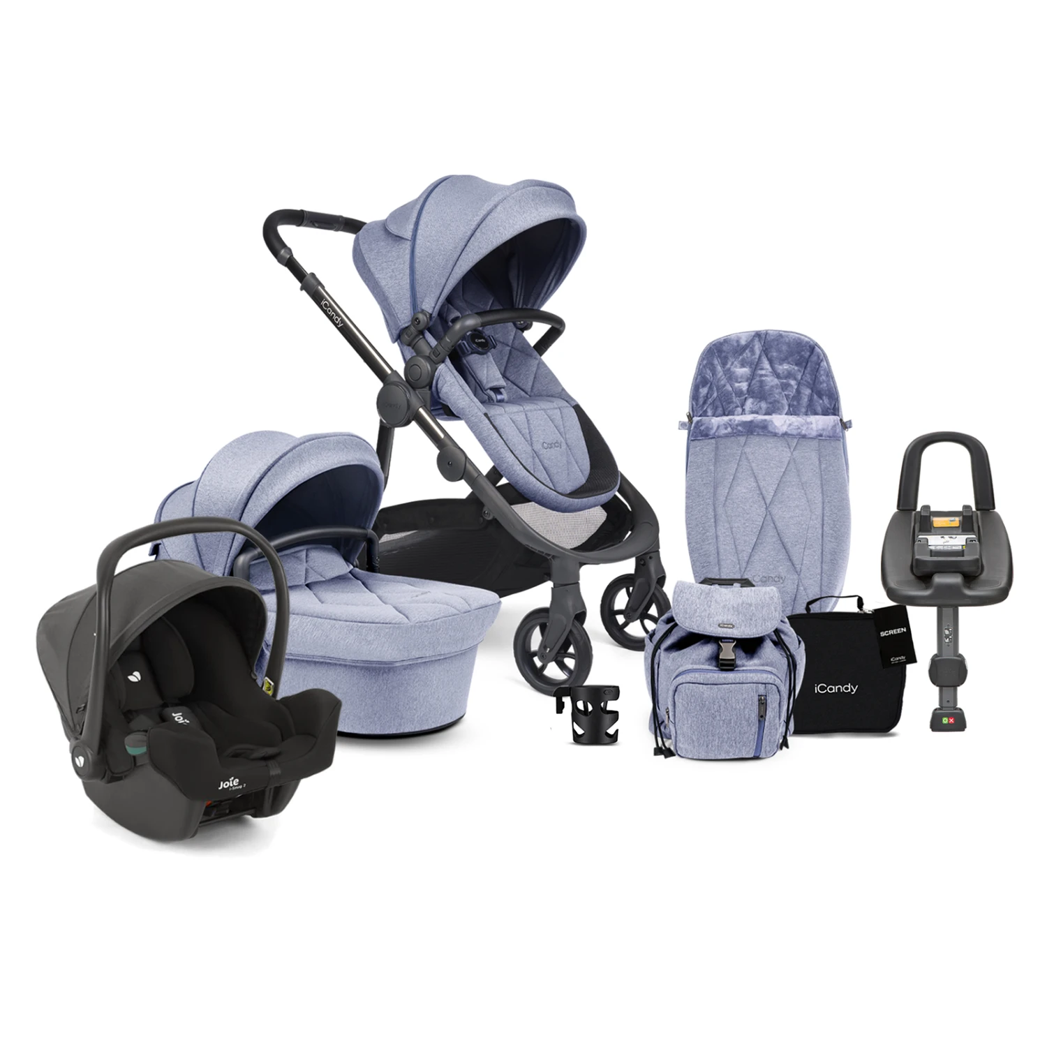 ICandy Orange 3 Complete 14 Piece Travel System Bundle With I-Snug 2 Car Seat & ISOFIX Base - Mist Blue Marl Phantom 3 ICandy Orange 3 Complete 14 Piece Travel System Bundle With I-Snug 2 Car Seat & ISOFIX Base - Mist Blue Marl Phantom