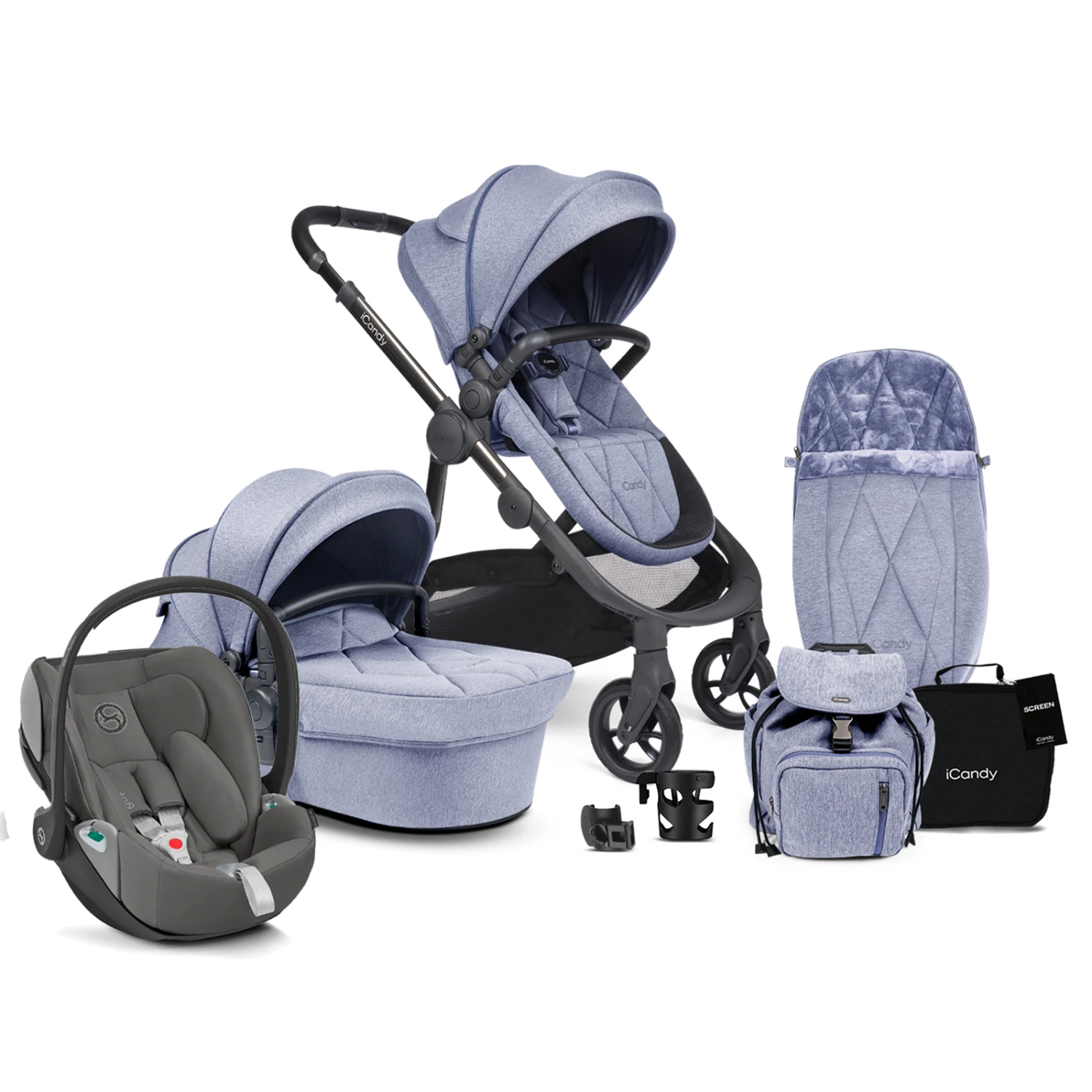 ICandy Orange 3 Complete 13 Piece Travel System Bundle With Cloud Z2 Car Seat - Mist Blue Marl Phantom 3 ICandy Orange 3 Complete 13 Piece Travel System Bundle With Cloud Z2 Car Seat - Mist Blue Marl Phantom