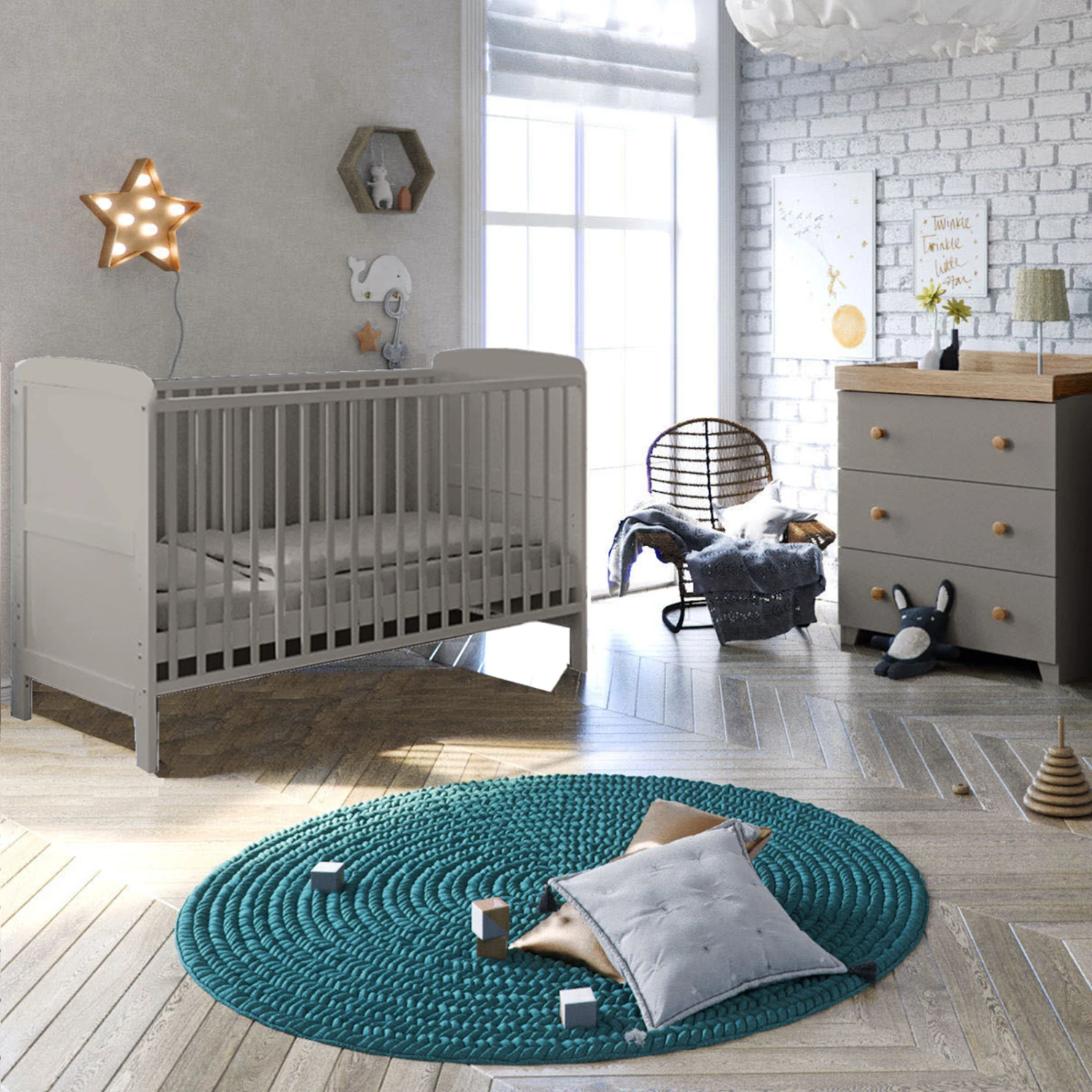 Puggle Henbury Cot Bed 4 Piece Nursery Furniture Set With Mini Uno Eco Fibre Cot Bed Mattress - Grey 3 Puggle Henbury Cot Bed 4 Piece Nursery Furniture Set With Mini Uno Eco Fibre Cot Bed Mattress - Grey