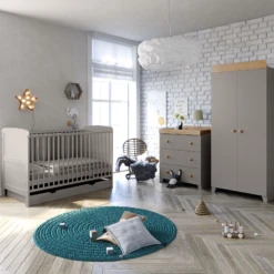 Puggle Henbury Cot Bed 6 Piece Nursery Furniture Set Mini Uno Essential Spring Cot Bed Mattress - 140 X 70cm - Grey & Oak