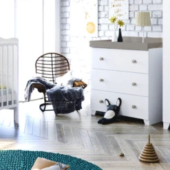 Puggle Henbury Cot Bed 4 Piece Nursery Furniture Set With Mini Uno Essential Spring Cot Bed Mattress - White 140 X 70cm - White & Grey -Best Baby Sale Store HenburyWhitewithGreyWhiteFurnituredresser