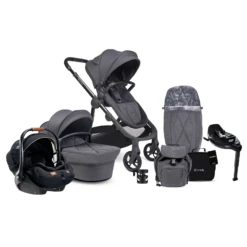 ICandy Orange 3 Complete 14 Piece Travel System Bundle With I-Level Car Seat & Rotating ISOFIX Base - Dark Slate Marl Phantom
