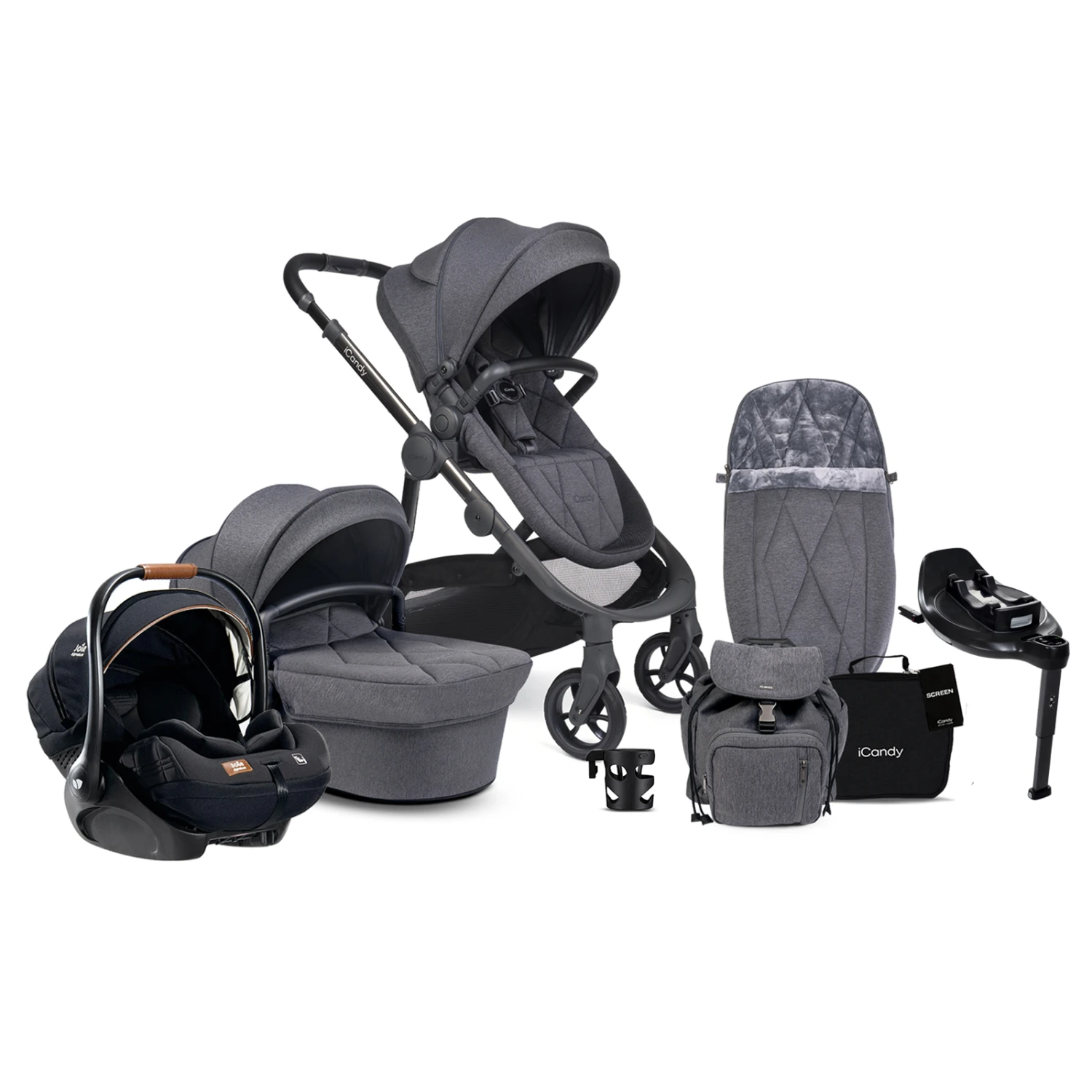 ICandy Orange 3 Complete 14 Piece Travel System Bundle With I-Level Car Seat & Rotating ISOFIX Base - Dark Slate Marl Phantom 3 ICandy Orange 3 Complete 14 Piece Travel System Bundle With I-Level Car Seat & Rotating ISOFIX Base - Dark Slate Marl Phantom