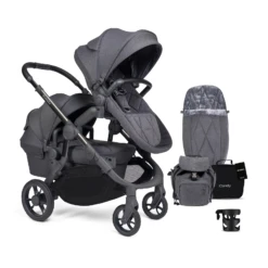 ICandy Orange 3 Double Pushchair & Carrycot Complete 19 Piece Bundle - Dark Slate Marl Phantom