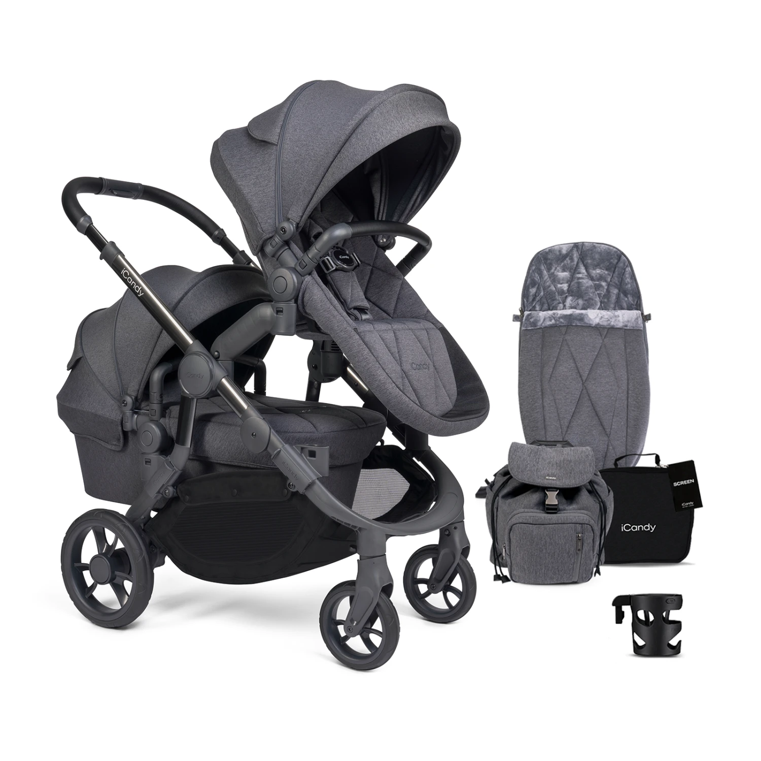 ICandy Orange 3 Double Pushchair & Carrycot Complete 19 Piece Bundle - Dark Slate Marl Phantom 3 ICandy Orange 3 Double Pushchair & Carrycot Complete 19 Piece Bundle - Dark Slate Marl Phantom