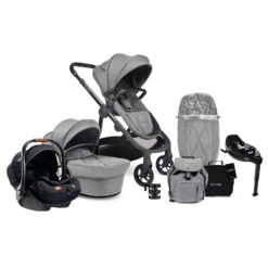 ICandy Orange 3 Complete 14 Piece Travel System Bundle With I-Level Car Seat & Rotating ISOFIX Base - Light Slate Marl Phantom