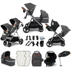 Puggle Memphis 3-in-1 Duo I-Size Double Travel System With ISOFIX Base - Platinum Grey