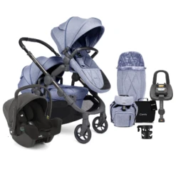 ICandy Orange 3 Double With I-Snug Car Seat & ISOFIX Base Complete 21 Piece Travel System Bundle - Mist Blue Marl Phantom