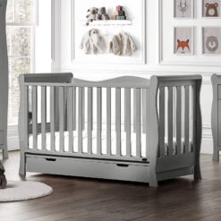 Puggle Prestbury Imperial Luxe Sleigh Cot Bed & Drawer With Mini Uno Essential Spring Cot Bed Mattress - White 140 X 70cm- Grey