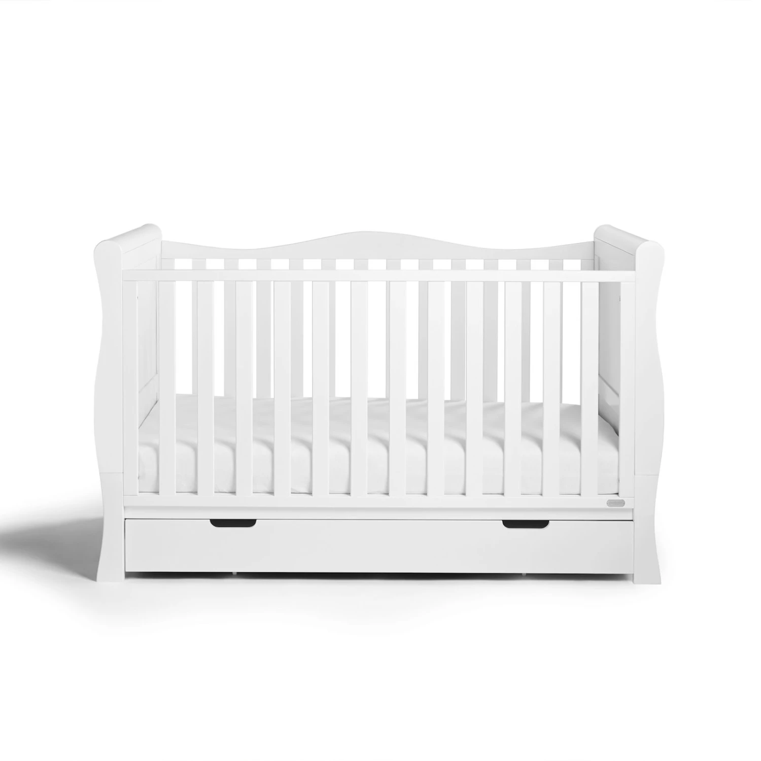 Puggle Prestbury Classic Deluxe Sleigh Cot Bed & Drawer With Mini Uno Essential Spring Cot Bed Mattress - White 140 X 70cm - White 5 Puggle Prestbury Classic Deluxe Sleigh Cot Bed & Drawer With Mini Uno Essential Spring Cot Bed Mattress - White 140 X 70cm - White - Image 3