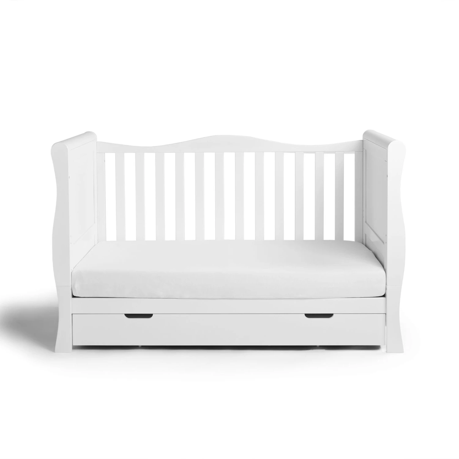 Puggle Prestbury Classic Deluxe Sleigh Cot Bed & Drawer With Mini Uno Essential Spring Cot Bed Mattress - White 140 X 70cm - White 6 Puggle Prestbury Classic Deluxe Sleigh Cot Bed & Drawer With Mini Uno Essential Spring Cot Bed Mattress - White 140 X 70cm - White - Image 4