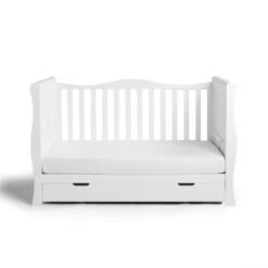 Puggle Prestbury Classic Deluxe Sleigh 6pc Nursery Furniture Set With Essential Spring Mattress - White -Best Baby Sale Store PugglePrestburyClassicCotBedwithDrawerCutOut2
