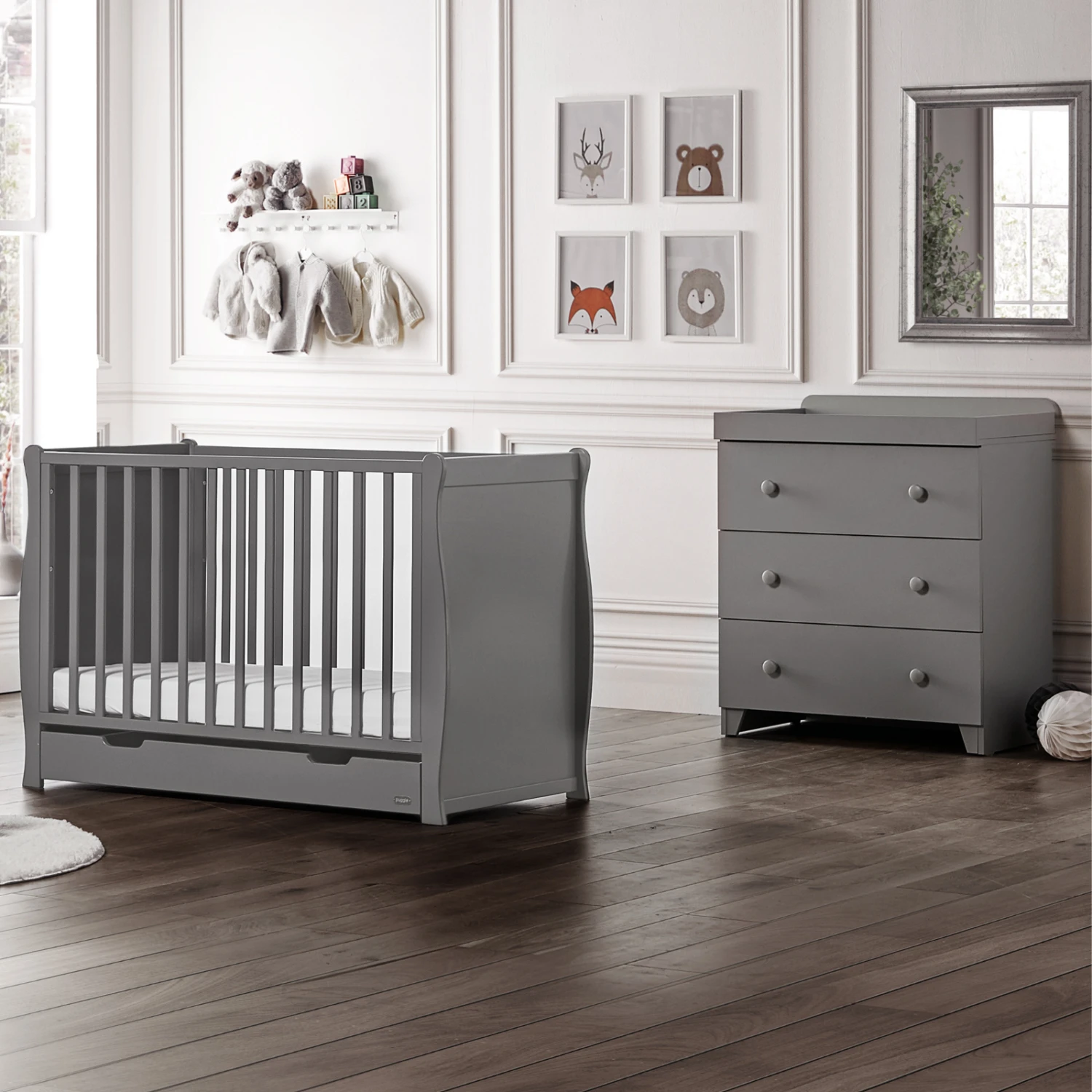 Puggle Chelford Sleigh Cot With Drawer + Little Acorns Dresser + Maxi Mattress - Classic Grey 3 Puggle Chelford Sleigh Cot With Drawer + Little Acorns Dresser + Maxi Mattress - Classic Grey