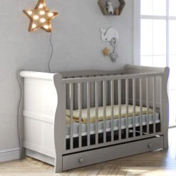 Little Acorns Sleigh Cot Bed With Mini Uno Essential Spring Cot Bed Mattress - White 140 X 70cm & Drawer - Grey
