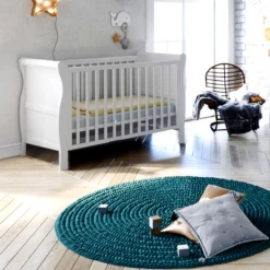 Puggle Alderley Sleigh Cot Bed 4 Piece Nursery Furniture Set With Essential Spring Mattress - White & Oak -Best Baby Sale Store SleightCot 1