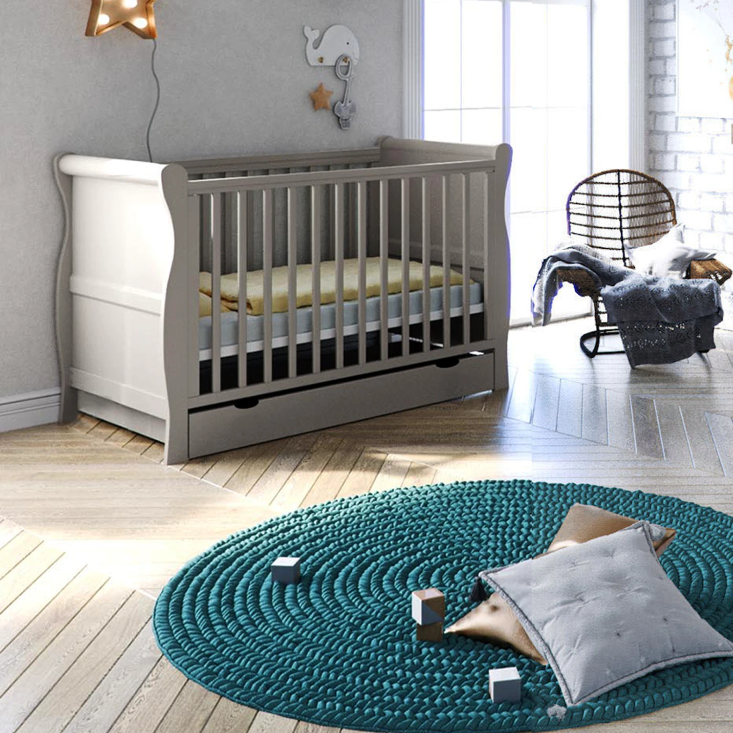 Puggle Alderley Sleigh Cot Bed 5 Piece Nursery Furniture Set With Essential Spring Mattress - Grey & Oak 4 Puggle Alderley Sleigh Cot Bed 5 Piece Nursery Furniture Set With Essential Spring Mattress - Grey & Oak - Image 2