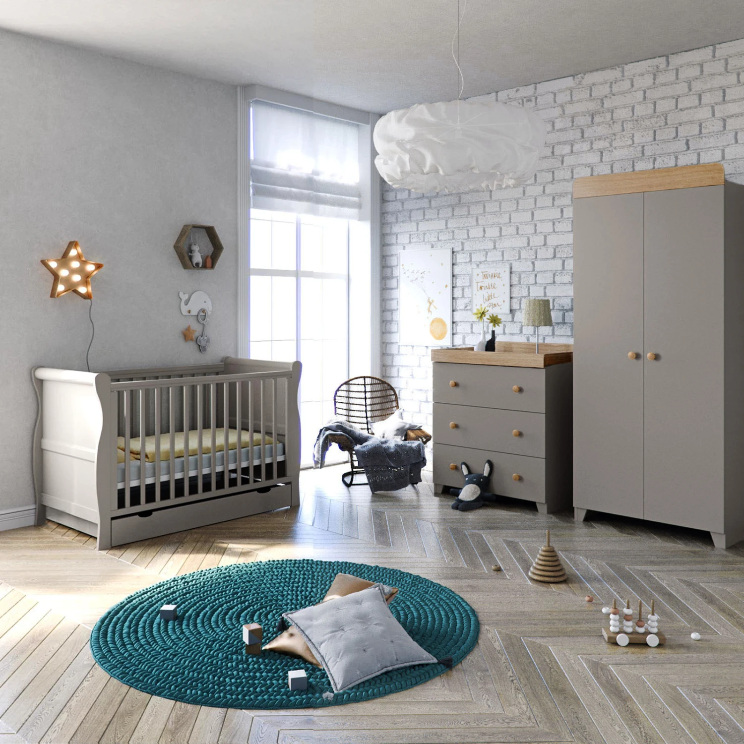 Puggle Alderley Sleigh Cot Bed 6 Piece Nursery Furniture Set Mini Uno Essential Spring Cot Bed Mattress - White 140 X 70cm - Grey & Oak 3 Puggle Alderley Sleigh Cot Bed 6 Piece Nursery Furniture Set Mini Uno Essential Spring Cot Bed Mattress - White 140 X 70cm - Grey & Oak