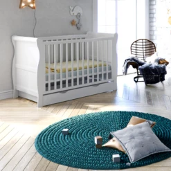 Puggle Alderley Sleigh Cot Bed 5 Piece Nursery Furniture Set With Essential Spring Mattress - White & Oak -Best Baby Sale Store SleightCotWithDrawer