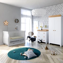 Puggle Alderley Sleigh Cot Bed 6 Piece Nursery Furniture Set With Essential Spring Mattress - White & Oak