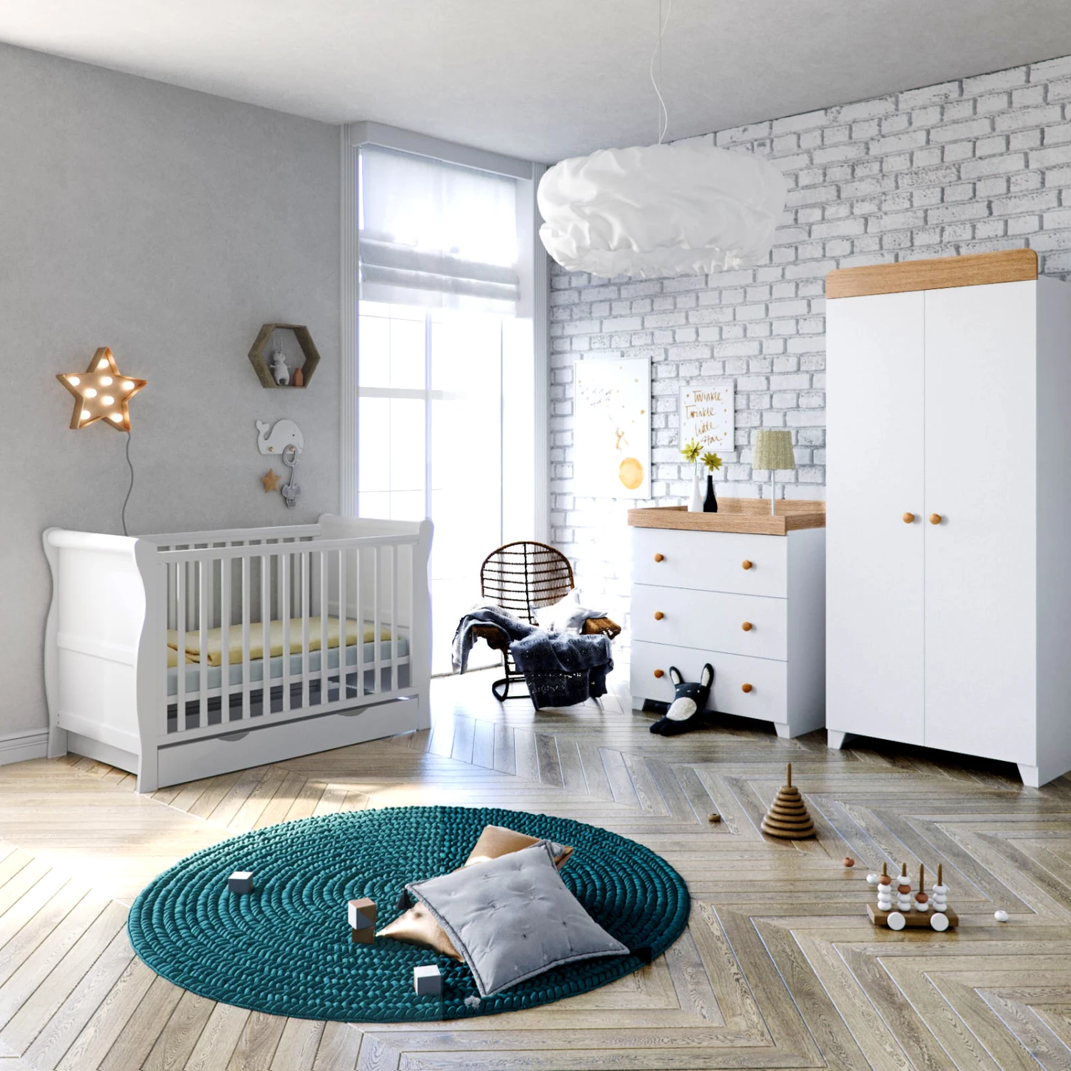 Puggle Alderley Sleigh Cot Bed 5 Piece Nursery Furniture Set With Drawer - White & Oak 3 Puggle Alderley Sleigh Cot Bed 5 Piece Nursery Furniture Set With Drawer - White & Oak