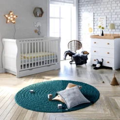Puggle Alderley Sleigh Cot Bed 4 Piece Nursery Furniture Set With Drawer - White & Oak