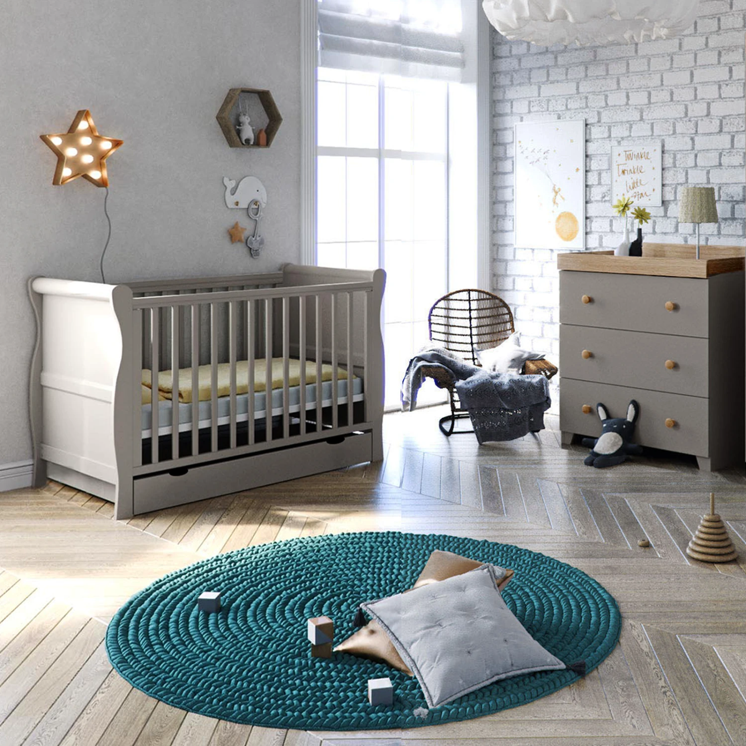 Puggle Alderley Sleigh Cot Bed 5 Piece Nursery Furniture Set With Essential Spring Mattress - Grey & Oak 3 Puggle Alderley Sleigh Cot Bed 5 Piece Nursery Furniture Set With Essential Spring Mattress - Grey & Oak