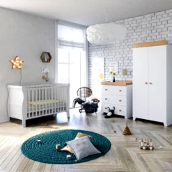 Puggle Alderley Sleigh Cot Bed 4 Piece Nursery Furniture Set - White & Oak