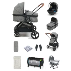 Puggle Monaco XT 2in1 Pram Pushchair Everything You Need Travel System Bundle - Grey