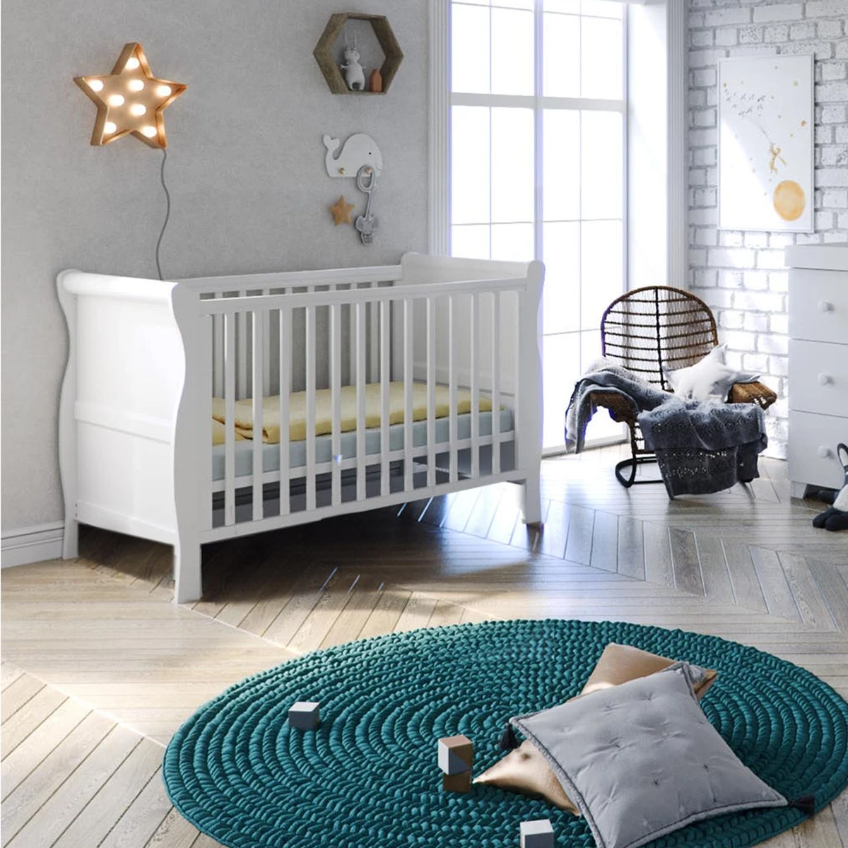 Puggle Alderley Sleigh Cot Bed With Mini Uno Essential Spring Cot Bed Mattress - White 140 X 70cm 3 Puggle Alderley Sleigh Cot Bed With Mini Uno Essential Spring Cot Bed Mattress - White 140 X 70cm