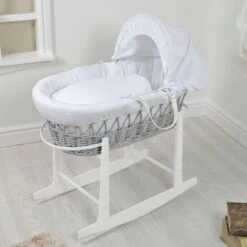 4Baby Padded Grey Wicker Moses Basket & Rocking Stand - White Waffle
