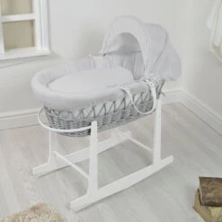 4Baby Padded Grey Wicker Moses Basket & Rocking Stand - Grey Waffle