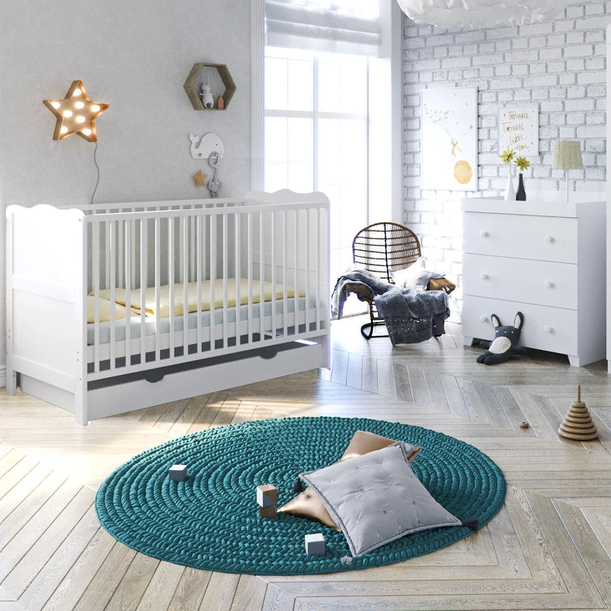 Puggle Henbury Cot Bed 5 Piece Nursery Furniture Set With Mini Uno Eco Fibre Cot Bed Mattress - Classic White 3 Puggle Henbury Cot Bed 5 Piece Nursery Furniture Set With Mini Uno Eco Fibre Cot Bed Mattress - Classic White