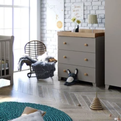 Puggle Alderley Sleigh Cot Bed 4 Piece Nursery Furniture Set With Mini Uno Eco Fibre Cot Bed Mattress - Grey & Oak -Best Baby Sale Store VP48431thirdimage