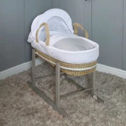 4Baby My Little Star Palm Moses Basket With Rocking Stand - White/Grey