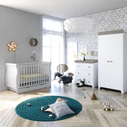 Puggle Alderley Sleigh Cot Bed 5 Piece Nursery Furniture Set With Drawer - White & Grey