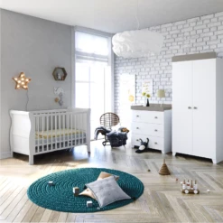 Puggle Alderley Sleigh Cot Bed 4 Piece Nursery Furniture Set - White & Grey