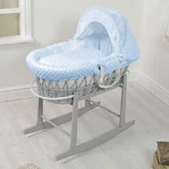 4Baby Padded Grey Wicker Moses Basket & Rocking Stand - Blue Dimple