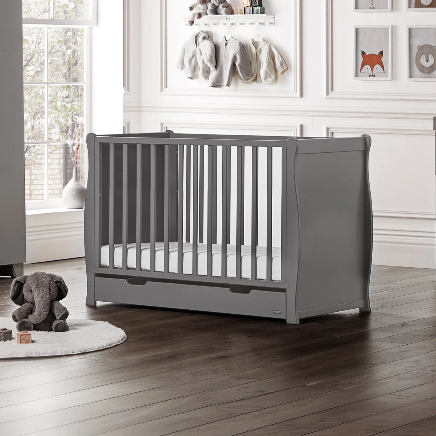Puggle Chelford Sleigh Cot With Drawer & Mini Uno Eco Fibre Cot Mattress - Classic Grey 3 Puggle Chelford Sleigh Cot With Drawer & Mini Uno Eco Fibre Cot Mattress - Classic Grey