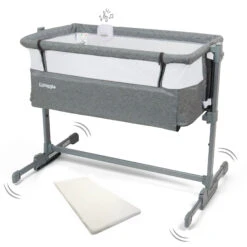 Puggle Sleepy Rocking Bedside Crib With Musical Lights And Sounds & Fitted Sheet - Graphite Grey