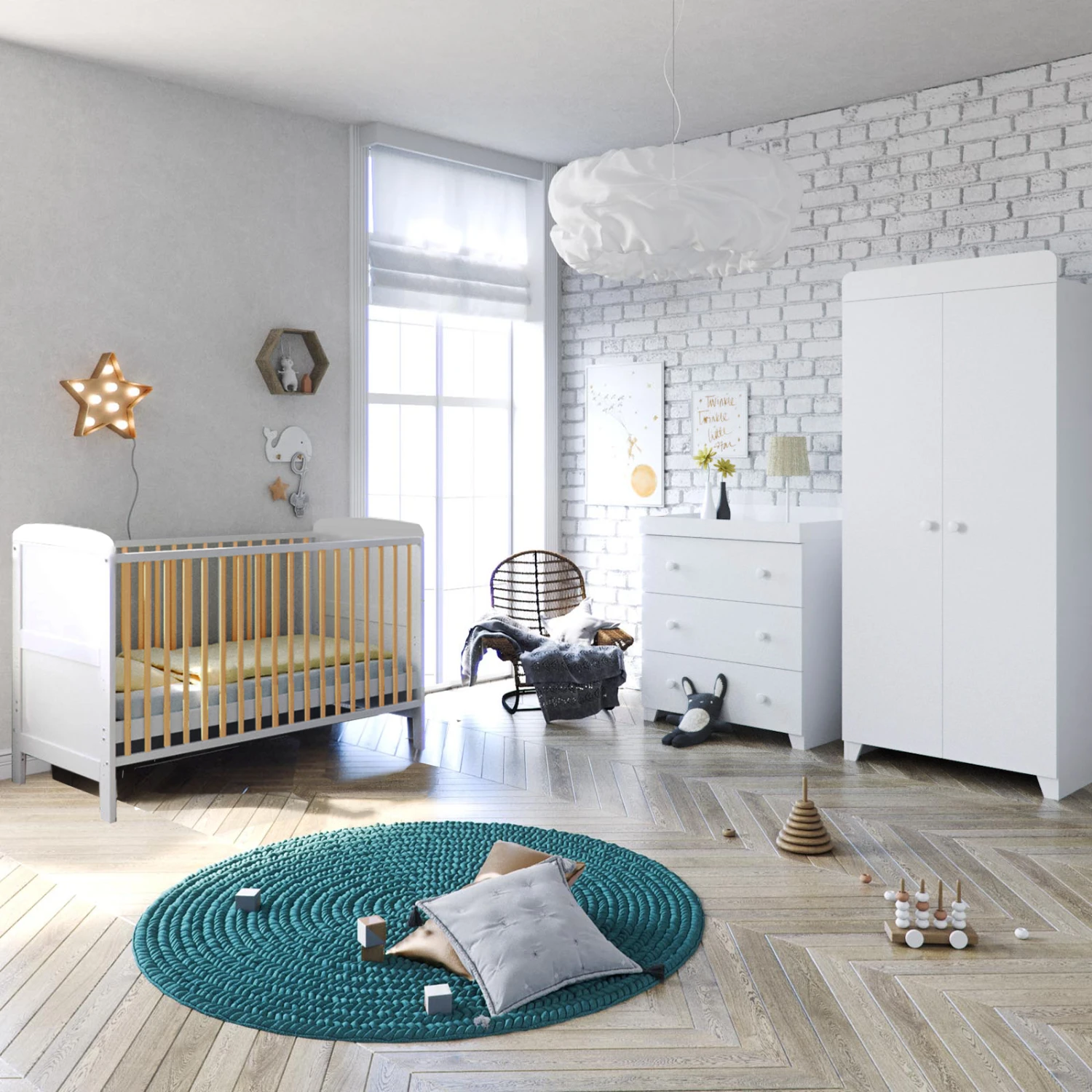 Puggle Henbury Cot Bed 5 Piece Nursery Furniture Set With Mini Uno Eco Fibre Cot Bed Mattress - White & Natural 3 Puggle Henbury Cot Bed 5 Piece Nursery Furniture Set With Mini Uno Eco Fibre Cot Bed Mattress - White & Natural