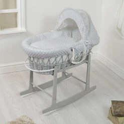 4Baby Padded Grey Wicker Moses Basket & Rocking Stand - Grey Dimple
