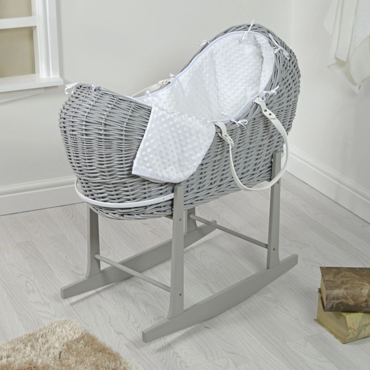 4baby Grey Wicker Sleep Pod Moses Basket & Rocking Stand - White Dimple 3 4baby Grey Wicker Sleep Pod Moses Basket & Rocking Stand - White Dimple